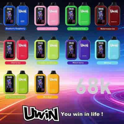 A grid of colorful UWIN vaping devices with various flavors and colors, including Blueberry Raspberry, Strawberry Watermelon, Strawberry Kiwi, Watermelon Ice, Cherry Ice, Summer Peach Ice, Mixed Berry, Mr Blue, Kiwi Passion fruit Guava, and Red Bull, set against a gradient background with the brand slogan You win in life.