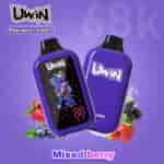 Purple Uwin portable electric snack bottle with mixed berry flavor, front shows colorful illustration and digital display; berry fruits splash around.