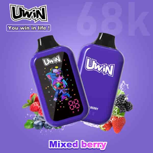 Purple Uwin portable electric snack bottle with mixed berry flavor, front shows colorful illustration and digital display; berry fruits splash around.