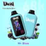 Two blue UWIN water bottles with black caps, one showing a colorful cartoon design on a black screen and the other with a white UWIN logo on the blue back; surrounded by berries and splashes against a light blue background.