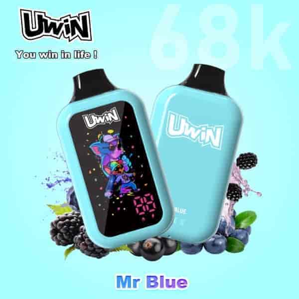 Two blue UWIN water bottles with black caps, one showing a colorful cartoon design on a black screen and the other with a white UWIN logo on the blue back; surrounded by berries and splashes against a light blue background.