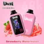 Pink Uwin handheld device with black screen displaying colorful cartoon characters and a strawberry graphic, labeled Strawberry Watermelon flavor.