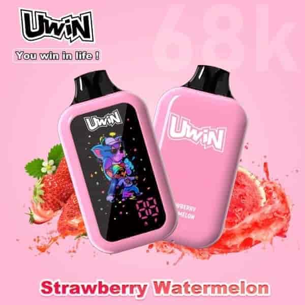 Pink Uwin handheld device with black screen displaying colorful cartoon characters and a strawberry graphic, labeled Strawberry Watermelon flavor.