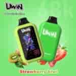 Bright green Uwin bottle with strawberry kiwi flavor, front shows cartoon characters on black screen; green bottle behind, brand logo visible.