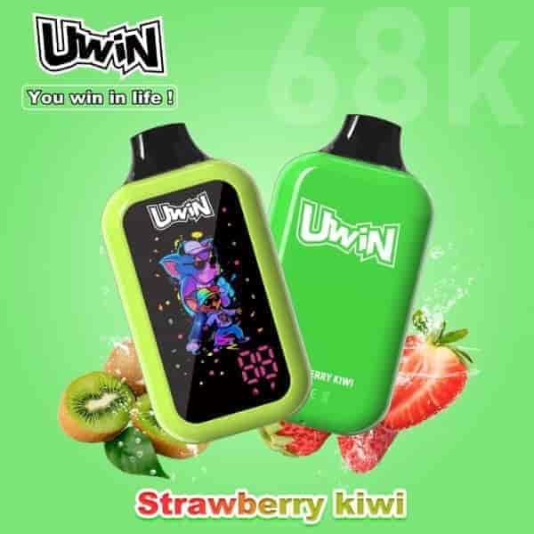 Bright green Uwin bottle with strawberry kiwi flavor, front shows cartoon characters on black screen; green bottle behind, brand logo visible.