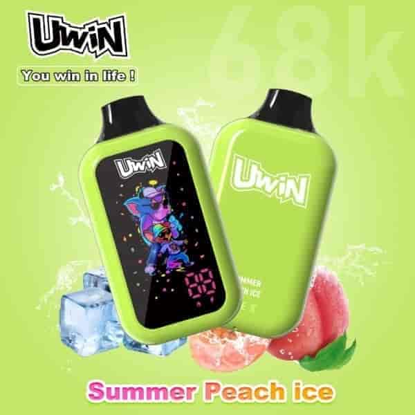 Bright lime-green Uwin water bottles, one with a colorful cartoon design, set against a summery background with peach and ice cubes; text reads “Summer Peach ice.”
