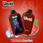 Two red Uwin disposable vape devices labeled Watermelon Ice, one showing a colorful illustrated character on the screen and the other with a plain logo, set against a red background with watermelon and ice imagery.