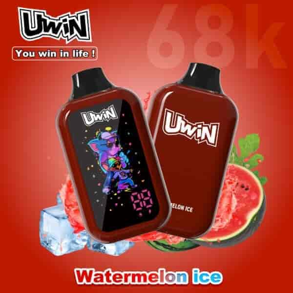 Two red Uwin disposable vape devices labeled Watermelon Ice, one showing a colorful illustrated character on the screen and the other with a plain logo, set against a red background with watermelon and ice imagery.