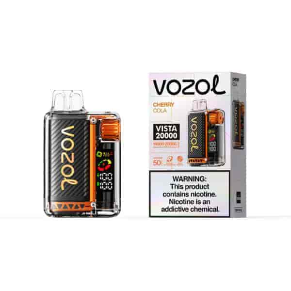 Appareil Vozol Vista 20000 avec un corps en carbone noir et des accents orange à côté de son emballage étiqueté saveur Cherry Cola, mettant en garde contre la nicotine.