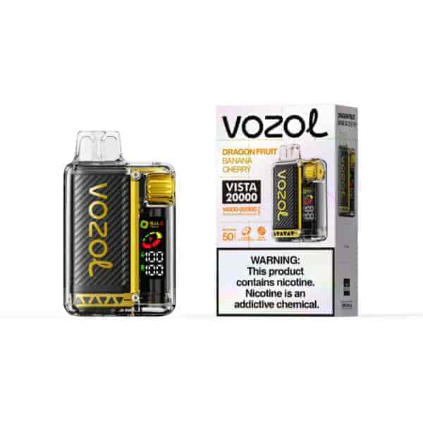 Appareil de vapotage Vozoe Vista 20000 avec design en fibre de carbone et accents jaunes, présenté à côté de sa boîte colorée étiquetée Dragon Fruit Banana Cherry et boîte d'avertissement sur la nicotine.