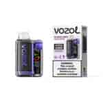 Appareil à vapoter Vozol Eldeflower Grapefruit avec corps violet en fibre de carbone et panneau d'affichage séparé, illustré à côté de son emballage.
