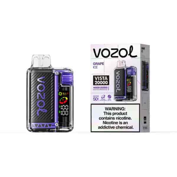 Appareil de vapotage de glace au raisin Vozo Vista 20000 avec des accents violets présenté à côté de son emballage, doté d'une coque transparente et d'un affichage numérique.