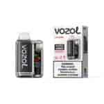 Appareil de vapotage Vozo Vista 20000 avec un panneau en fibre de carbone noir et un écran, placé à côté de sa boîte d'emballage étiquetée VOZOL et LAVAFIRE, avec un avertissement sur la nicotine.