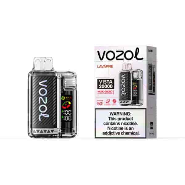 Appareil de vapotage Vozo Vista 20000 avec un panneau en fibre de carbone noir et un écran, placé à côté de sa boîte d'emballage étiquetée VOZOL et LAVAFIRE, avec un avertissement sur la nicotine.