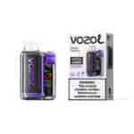 Appareil de vapotage Vozo Vista 20000 avec des accents violets à côté de son emballage, montrant un boîtier transparent et un affichage numérique.