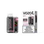 Appareil Vozo Peach Ice Pod avec un motif en carbone rose-noir et un affichage numérique, présenté à côté de sa boîte de vente au détail étiquetée VOZOL Vista 20000 et d'un avertissement concernant la nicotine.