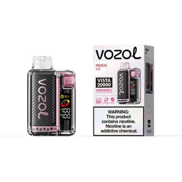 Appareil Vozo Peach Ice Pod avec un motif en carbone rose-noir et un affichage numérique, présenté à côté de sa boîte de vente au détail étiquetée VOZOL Vista 20000 et d'un avertissement concernant la nicotine.