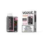 Appareil de vapotage jetable Vozol Peach Mango Watermelon avec accents roses à côté de son emballage montrant Vista 20000 et une étiquette d'avertissement