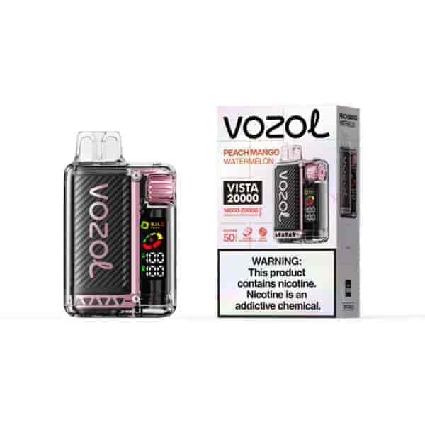 Appareil de vapotage jetable Vozol Peach Mango Watermelon avec accents roses à côté de son emballage montrant Vista 20000 et une étiquette d'avertissement