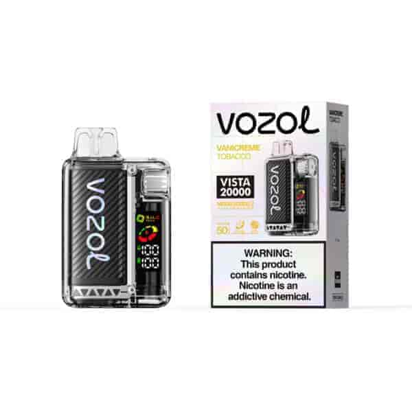 Pod de vape de nicotine Vozol Vista 20000 avec corps en fibre de carbone, coque transparente et affichage de l'appareil à côté d'une boîte de produit assortie étiquetée VOZOL VISTA 20000 et d'une étiquette d'avertissement.