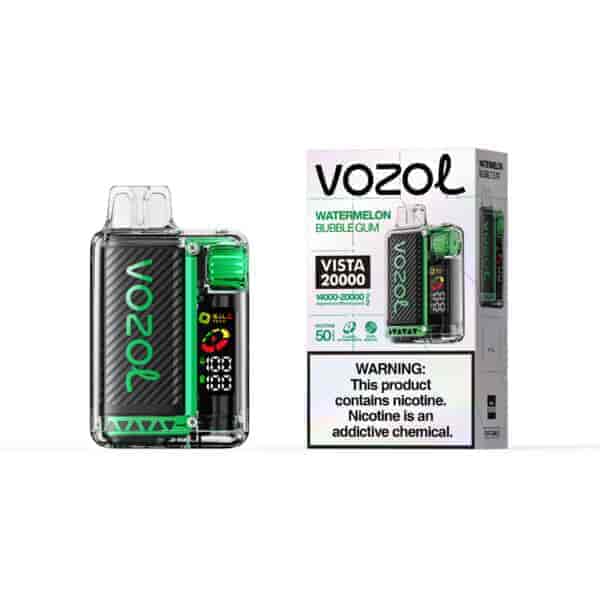 Appareil de vapotage Vozol watermelon bubble gum avec accents verts à côté de son emballage étiqueté Vista 20000 et un avertissement sur la nicotine sur la boîte.
