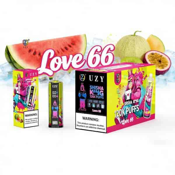 Jasne, kolorowe opakowania produktów do waporyzacji UZY Love66, w tym duże pudełko z etykietą “120K PUFFS” z maskotką różowej małpy, wysokie urządzenie do waporyzacji oraz mniejsze pudełka i butelki zestawione z motywami owoców (arbuz, melony) i lodu.