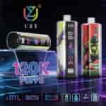 Vape marki UZY z kolorową grafiką, dwiema cylindrycznymi kapsułami i dużą etykietą “120K PUFFS”;. Funkcje obejmują regulowany przepływ powietrza, inteligentny ekran, specyfikację 64 ml/1000 mAh i podwójną cewkę siatkową.