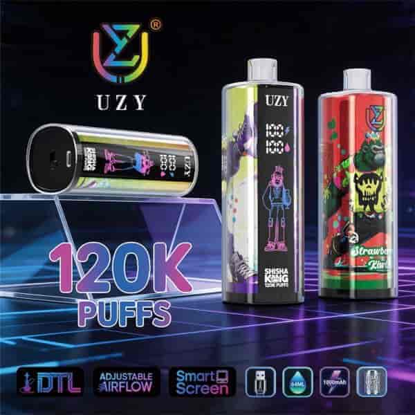 Vape marki UZY z kolorową grafiką, dwiema cylindrycznymi kapsułami i dużą etykietą “120K PUFFS”;. Funkcje obejmują regulowany przepływ powietrza, inteligentny ekran, specyfikację 64 ml/1000 mAh i podwójną cewkę siatkową.
