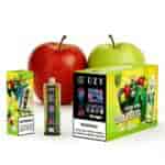 Kolorowe opakowanie produktu vape z dwoma dużymi jabłkami, w tym żółto-zielone pudełko, czarne pudełko i butelka, oznaczone UZY Shisha King 120K Puffs Two Apple.
