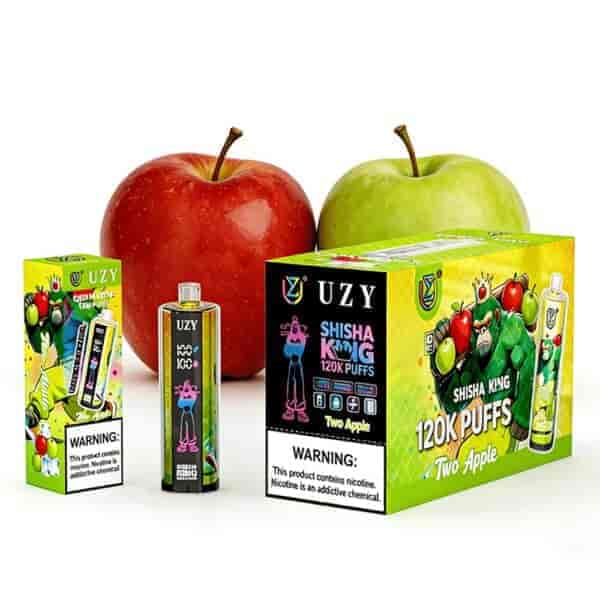Kolorowe opakowanie produktu vape z dwoma dużymi jabłkami, w tym żółto-zielone pudełko, czarne pudełko i butelka, oznaczone UZY Shisha King 120K Puffs Two Apple.