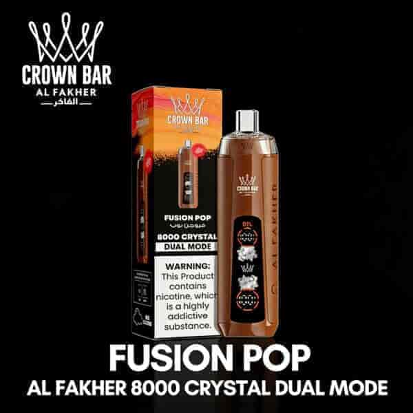 Fusion Pop Al Fakher 8000 Crystal Dual Mode engångsvape med brun flaska och matchande låda med crown-logga och svart/orange gradientförpackning.