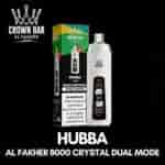HUBBA Al Fakher 8000 Crystal Dual Mode vape-förpackning och enhet, svart bakgrund, crown bar-logga, vit text.