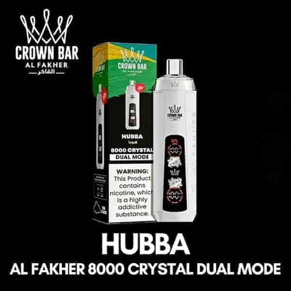 HUBBA Al Fakher 8000 Crystal Dual Mode vape-förpackning och enhet, svart bakgrund, crown bar-logga, vit text.