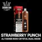 Strawberry Punch Crown Bar Al Fakher 8000 Crystal Dual Mode engångsvape med brun flaska och röd förpackning mot svart bakgrund.