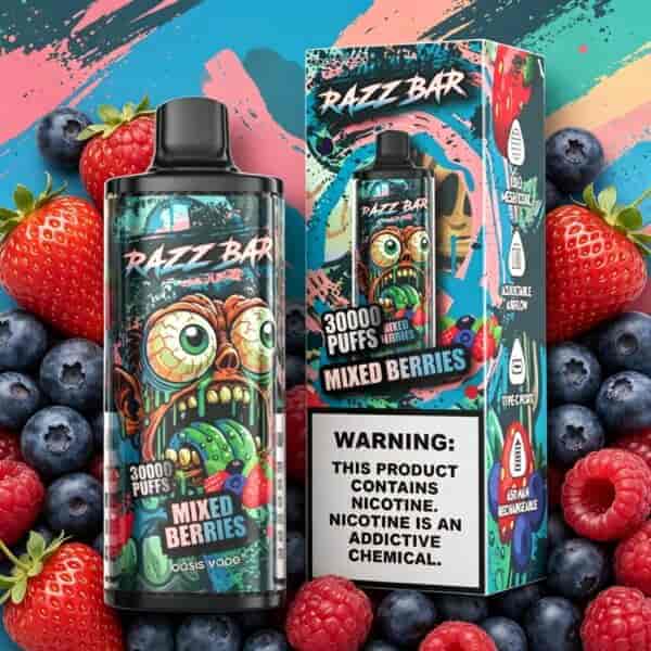 Bottle and box of Razi Bar vape juice with colorful berry artwork, featuring a cartoon monster and fruits like strawberries, blueberries, and raspberries against a bright abstract background.