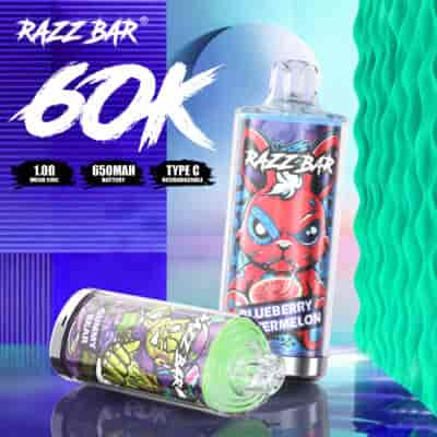 Razz Bar 60K bottle with blue yogurt blueberry flavor design and colorful comic-style art, set against a vibrant teal and violet backdrop.
