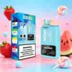 A blue Raz Bar vape device with a digital display, next to a colorful box, surrounded by watermelon slices, strawberries, and lollipops, on a pastel pink surface.