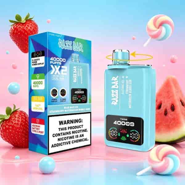 A blue Raz Bar vape device with a digital display, next to a colorful box, surrounded by watermelon slices, strawberries, and lollipops, on a pastel pink surface.