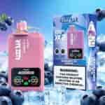Pink vape device with digital display and leash, next to blue box packaging featuring blueberries and ice, labeled Rabby Bar 4000 Puffs Blueberry Ice Love66, with warning label about nicotine.