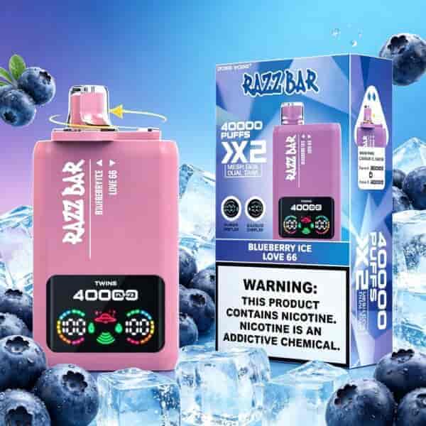 Pink vape device with digital display and leash, next to blue box packaging featuring blueberries and ice, labeled Rabby Bar 4000 Puffs Blueberry Ice Love66, with warning label about nicotine.