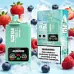 Strawberry and mixed berry flavored vape pod device with mint green packaging, ice and berries background, and a warning label about nicotine contents.