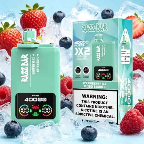 Strawberry and mixed berry flavored vape pod device with mint green packaging, ice and berries background, and a warning label about nicotine contents.