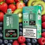 Strawberry kiwi flavored vape device and green box with “Ratt Bar” branding, set among strawberries, kiwis, blueberries, and raspberries.