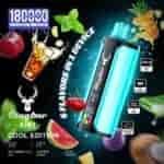 Bolígrafo vaporizador Stagbar 6 en 1 Cool Edition con cuerpo turquesa, logotipo de ciervo ilustrado, íconos de sabor y gráficos de frutas sobre un fondo espacial oscuro.