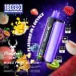 Dispositivo de vapeo morado con panel negro, marca Stagbar, rodeado de frutas y gráficos de salpicaduras, promocionando una bobina de seis mallas y una pantalla LED.