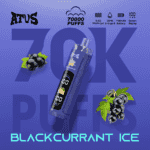 Blackcurrant Ice E-Liquid-Vape-Gerät mit blauem Gehäuse, fettem Text, Abbildungen von Blackcurrant-Clustern und großem lila “70K PUFFS”-Hintergrundlogo.
