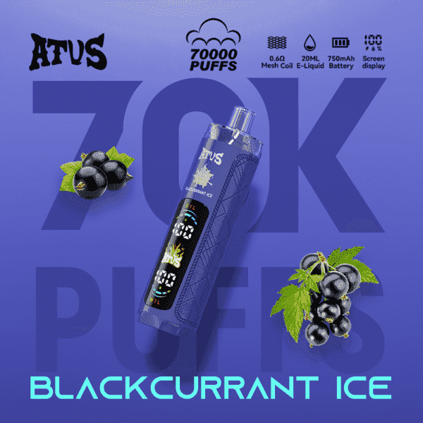 Blackcurrant Ice E-Liquid-Vape-Gerät mit blauem Gehäuse, fettem Text, Abbildungen von Blackcurrant-Clustern und großem lila “70K PUFFS”-Hintergrundlogo.