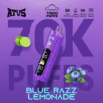 Lilafarbenes Dampfgerät mit blauem Etikett, umgeben von Limettenhälften und Blaubeeren, fettem “70K PUFFS”-Branding und neonblauem Text “BLUE RAZZ LEMONADE” unten.