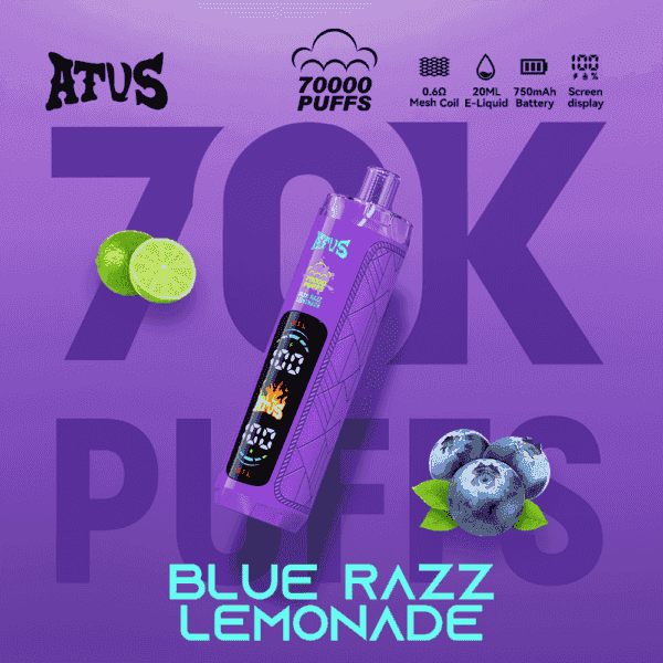 Lilafarbenes Dampfgerät mit blauem Etikett, umgeben von Limettenhälften und Blaubeeren, fettem “70K PUFFS”-Branding und neonblauem Text “BLUE RAZZ LEMONADE” unten.