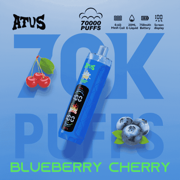 Vape-Gerät mit Blueberry-Kirsch-Geschmack, großem blauem Hintergrundtext, Kirschen und Blaubeeren und den Worten BLUEBERRY CHERRY unten.